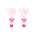 Handmade gold-rimmed layered heart drop earrings with pink gradient enamel finish - Colorful