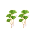 Elegant gold ginkgo leaf earrings with green enamel coating and white pearl accents - Green