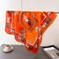 Elegant orange silk square scarf with classic horse carriage print and satin finish - 70cm x 70cm / Carriage Print / Orange