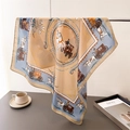 Elegant silk scarf with carriage print draped on a metal stand for an aesthetic look - 70cm x 70cm / Carriage Print / Brown