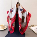Red silk square scarf with vintage equestrian print and horse carriage design - Red
