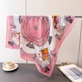 Detail of silk square scarf with vintage carriage print and pink border in elegant setting - Pink