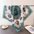 Detail of silk scarf with classical horse carriage print and golden tassel patterns - Green