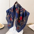 Elegant navy blue silk scarf with vintage gold chain print and classic horse wheel pattern - Navy Blue