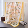 Detail of floral silk-satin scarf featuring yellow tulips and vibrant yellow borders - Yellow