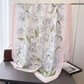 Detail of a large silk scarf with tulip floral patterns and soft pink borders on white - Green