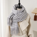 Detail of grey houndstooth scarf with dense fringes on a beige autumn coat - 212cmX69cm (Including Tassels) / Grey (WT234-5)