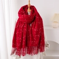 Red plaid tassel shawl scarf in cashmere-like texture displayed on a mannequin - Red