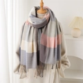 Sciarpa a quadri con frange rosa Morandi e grigio, scialle spesso effetto cashmere inverno - Grigio Beige (WT227-1)