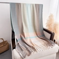 Detail of color-block striped long scarf with fringe on a cozy fabric chair - Blue Green (WT230-7)
