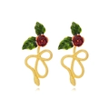 Elegant gold snake earrings with red enamel roses and green leaves on white background - Colorful