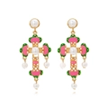 Vintage Kreuzohrringe in Gold mit rosa Emaille, Kunstperlen und grünen Edelsteinen - Bunt