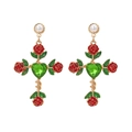 Orecchini a croce dorati con rose rosse, cuore di cristallo verde e perla bianca - Rosso