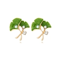 Pendientes de hoja de ginkgo esmaltada con perlas artificiales y cristales dorados - Verde