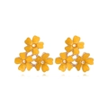 Detail view of pink enamel flower earrings with rose gold plating and three-blossom design - Yellow