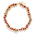 Handmade beaded necklace with irregular gold metal pieces and red resin stones in boho style - Gold/Red