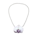Elegant white orchid flower pendant necklace with purple veins on silver metal chain - Light Purple