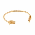 Artistic gold flower cuff bracelet with vine texture and tulip bud ends on white background - Gold