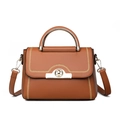 Elegante braune Damenhandtasche aus Leder mit goldener Blattstickerei und Rundverschluss - Braun