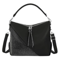 Schwarze Lederhandtasche mit diagonalem Strassbesatz und silberfarbenen Beschlägen - Schwarz