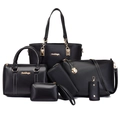Schwarzes 6-teiliges PU-Leder-Handtaschen-Set mit Shopper und Schultertasche mit Goldakzenten - Schwarz