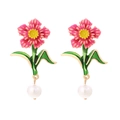 Elegant floral drop earrings with red enamel petals, green leaves, and white pearls - Colorful