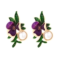 Orecchini in smalto floreale con petali viola, foglie verdi e perle bianche - Fiore Viola (Colorato)