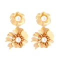 Golden double-layered flower earrings with pearls in minimalist retro style for women - Gold