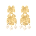 Vintage layered gold leaf earrings with white pearls and hammered metal texture - Gold