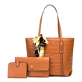 Dreiteiliges braunes Kroko-Taschen-Set mit Tote, Umschlagtasche und Seidenschal-Detail - 3-teiliges Set mit Krokodilmuster / Khaki