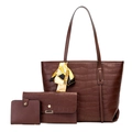 Dreiteiliges dunkelbraunes Handtaschen-Set mit Krokodilprägung und gelbem Seidenschal - 3-teiliges Set mit Krokodilmuster / Braun