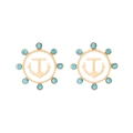 Golden nautical anchor stud earrings with blue rhinestones in a twisted rope circle - Gold