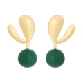 Minimalist gold metal earrings with deep green resin sphere pendants on white background - Green