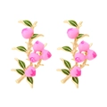 Pastel pink enamel peach fruit earrings with green leaves on gold branch hooks - Peach Branch Style