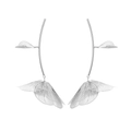 Silver woven metal flower earrings with artistic streamlined leaf design on white base - Silver
