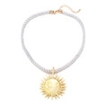 Chic sun flower pendant necklace with white woven cord and gold-finished metal for women - Gold