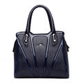 Dark blue leather tote bag with lychee texture and silver hardware details - Blue