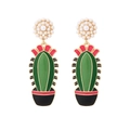 Creative long cactus drop earrings with white imitation pearls and green enamel flowers - Green/Pink/Black