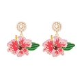 Eleganti orecchini lunghi a fiore di ibisco con smalto e perni di perle rotonde per donna - Multicolore
