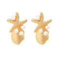 Golden starfish and seashell earrings with white pearls for tropical vacation style - Gold