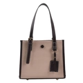Vista frontale della borsa tote in coccodrillo crema con manici marroni a contrasto - Cachi