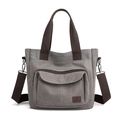 Grey canvas tote bag with brown straps and front zipper pocket for daily commute - Gray