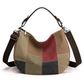 Contrast color canvas hobo bag in green, yellow and red with adjustable strap - Brown