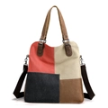 Sac cabas rétro en toile patchwork avec bandoulière réglable en cuir marron de qualité - Noir bicolore