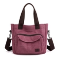 Large capacity canvas tote bag in deep burgundy with dark brown adjustable straps - Purple