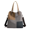 Sac fourre-tout rétro en toile avec patchwork coloré, poignées en cuir et grand volume - Gris Contrasté
