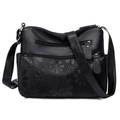 Sac à bandoulière en cuir noir pour femme avec gaufrage floral et fermetures éclair argent - Noir