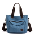 Blue canvas large capacity crossbody bag with brown straps and functional zip pockets - Blue