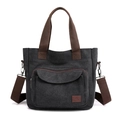 Retro black canvas tote bag with brown straps and adjustable crossbody shoulder strap - Black