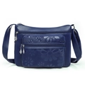 Borsa a tracolla in pelle PU blu scuro con motivo floreale goffrato e tasche multiple - Blu